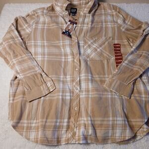 NWT women's long sleeve flannel shirt GAP Size XL White/tan color